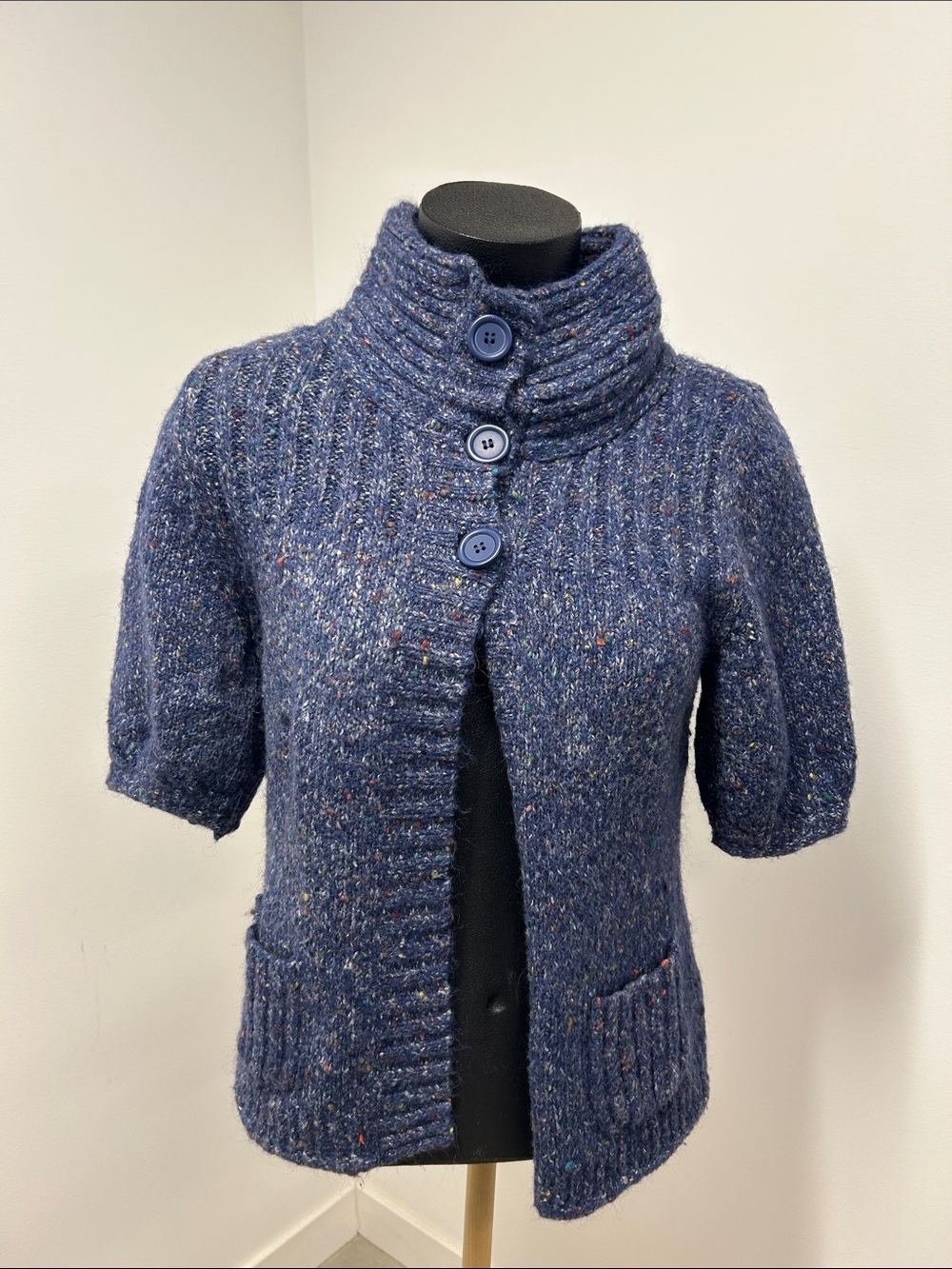 Express Blue Tweed Speckled Short Sleeve Cardigan Sweater Mock Neck Wool Alpaca
